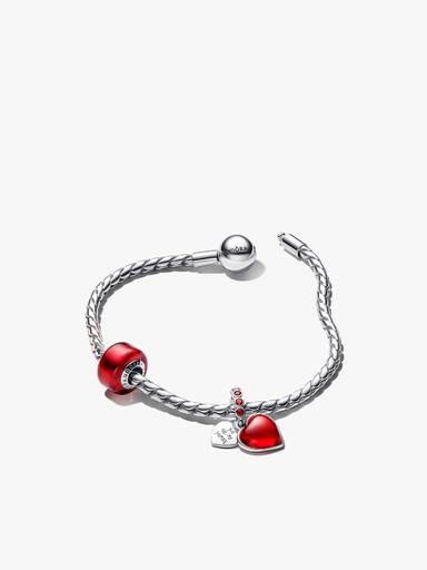 Rødt Murano-glas & hjerte-charm & armbåndssæt