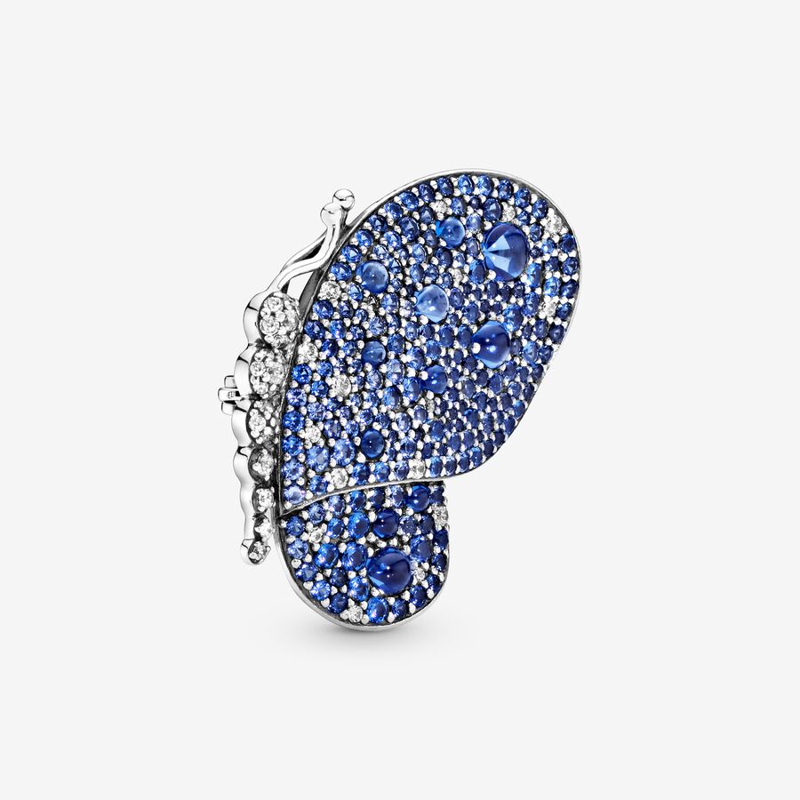 Butterfly silver brooch with royal blue crystal and clear cubic zirconia image number 0