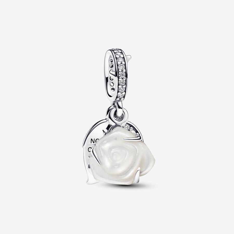 Hvid Rose i Blomst Dobbelt Charm med vedhæng image number 0