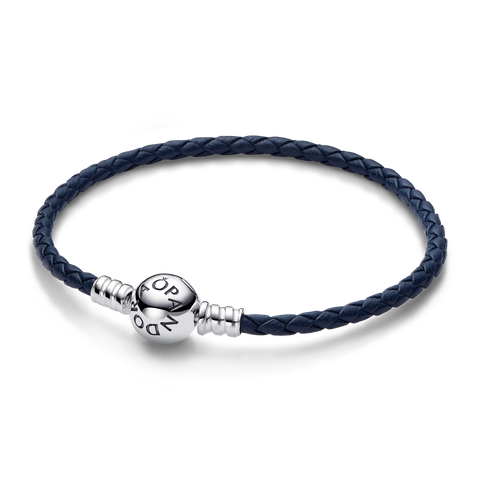 Pandora Moments Blå Flettede læderarmbånd med rund lås