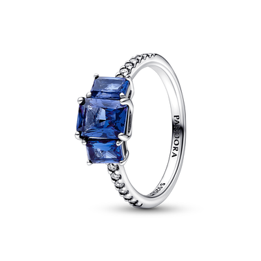 Blå Rektangulære Tre Sten Funklende Ring