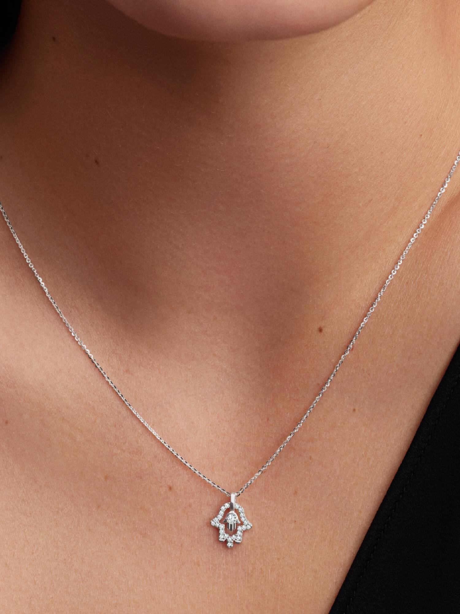 Pandora Talisman halskæde i sterlingsølv med hamsas hånd-vedhæng med laboratorieskabt diamant