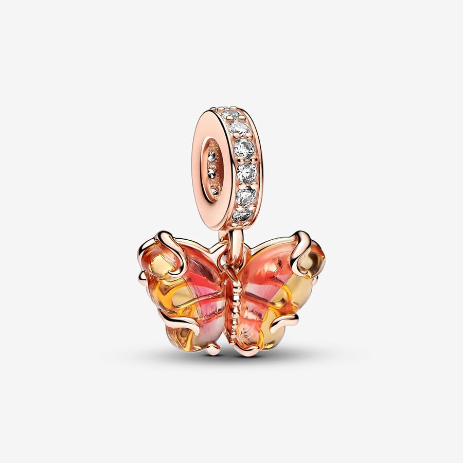 Pink og gul Muranoglas sommerfugl charm med vedhæng image number 0